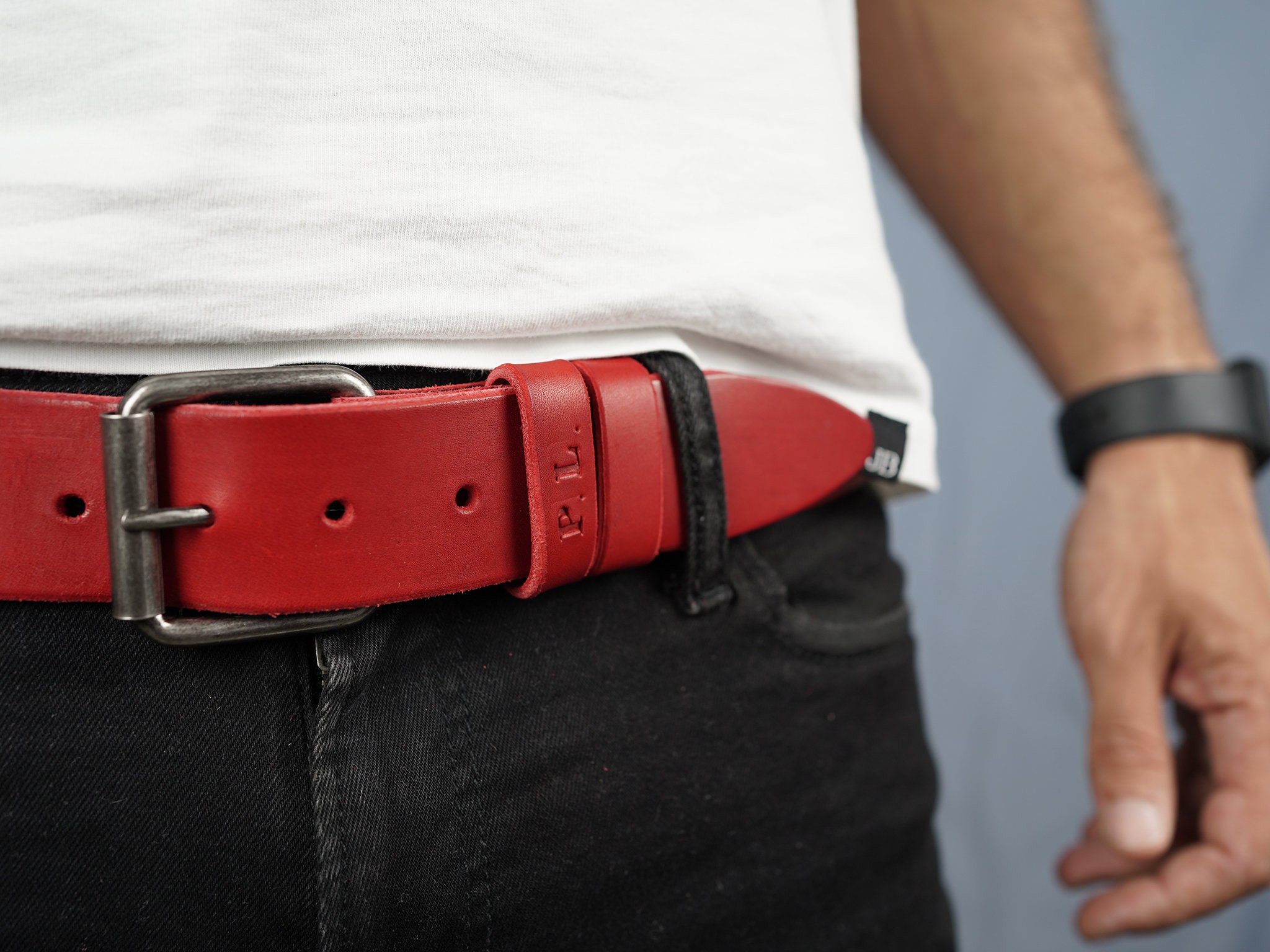 Custom Red Leather Belt With Initials Engraving Burnished 