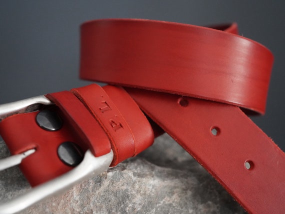 Custom Red Leather Belt With Initials Engraving Burnished 