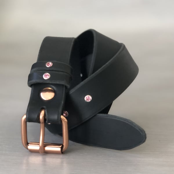 Womens Belt in Black Leather, Rose Gold Buckle and Decorated with Pink Rhinestones, Available in 5 Leather Colors, Handmade in Italy