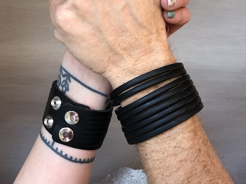 Made in Italy Full Grain Leather Section Cut Bracelet Black Leather Wide Multi Cut Bracelet for Men and Women Solid Brass Hardware