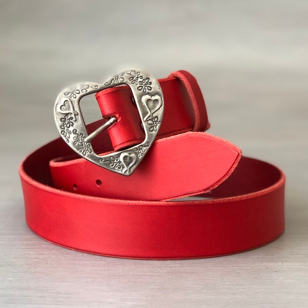 Womens Belt in Red Leather with Aged Silver Heart Shaped Buckle, Women's Wide Leather Belt, Handmade in Italy with Full Grain Leather