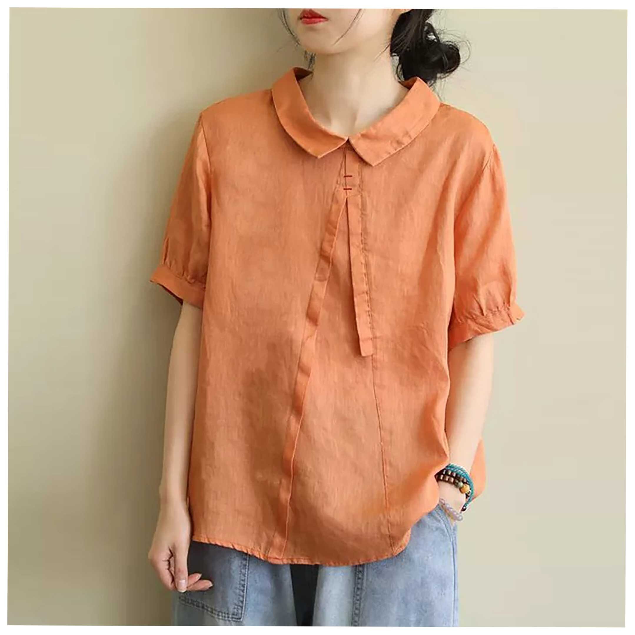 Vintage Cotton Linen Short Sleeve Woman Blouses Shirts Etsy