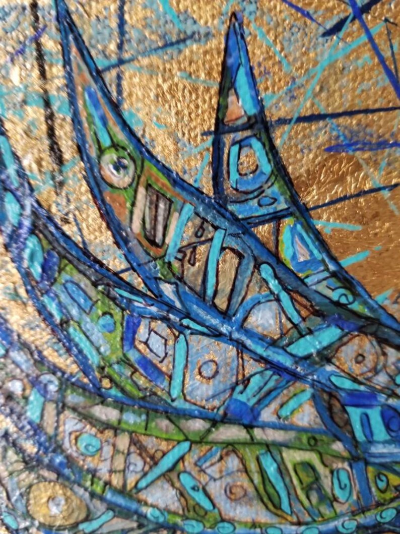 May include: Abstract artwork with a gold background and blue, green, and orange geometric shapes. The shapes have intricate details and are outlined in black. The artwork has a textured appearance and a close-up perspective.