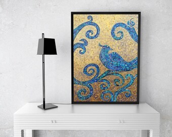 Bridesmaid Proposal Ideas Original Bird Painting wall art mosaic style nursery room gift 18'x 24'x 2' Gold Green Fantasy Fairytale decor