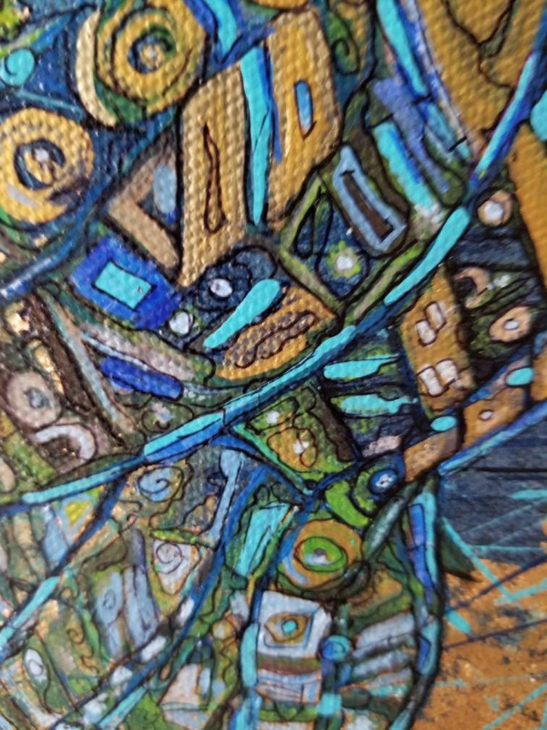 May include: Abstract painting with a close-up view. The artwork features a mix of geometric shapes and organic forms in shades of blue, green, gold, and brown. The texture appears to be canvas, with visible brushstrokes and a textured surface.