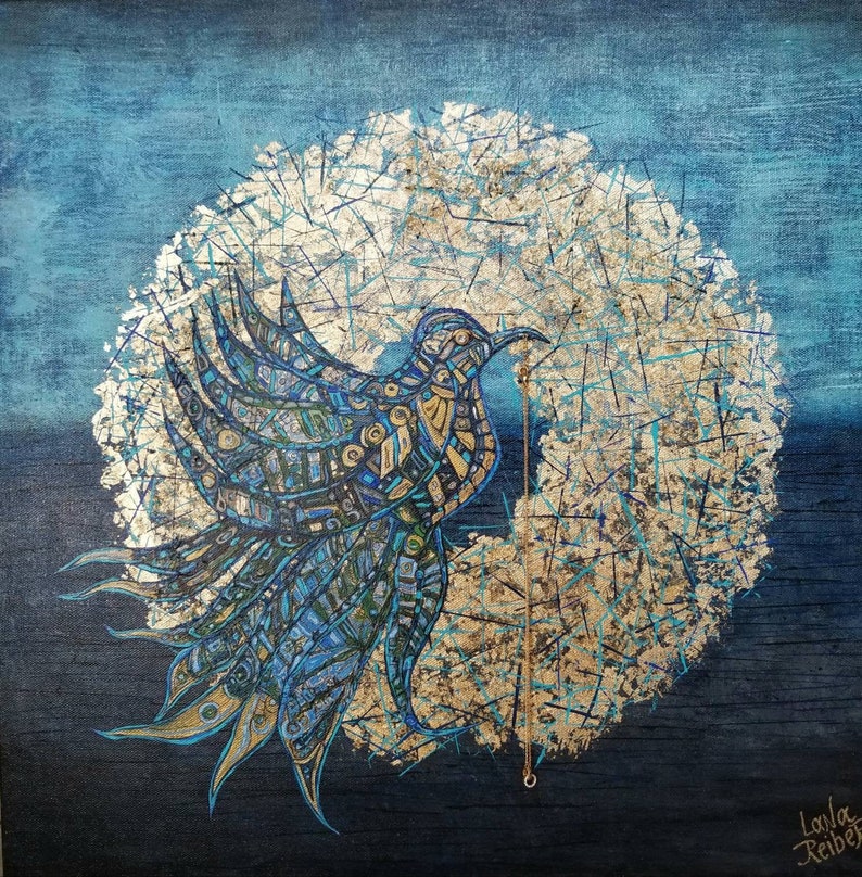 May include: An abstract painting of a blue bird with intricate patterns, set against a backdrop of a textured blue sky and a gold leaf-like circular design. The bird's feathers are detailed with blue and gold accents.