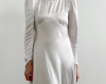 1930s 1940s Ivory Satin Charmeuse Wedding Dress with Pleated Detail and Train Minimalist Bridal Art Deco Bride