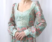 1970s Floral Puff Sleeve Tie Waist Midi Prairie Dress Gunne Sax Style US 7 S M