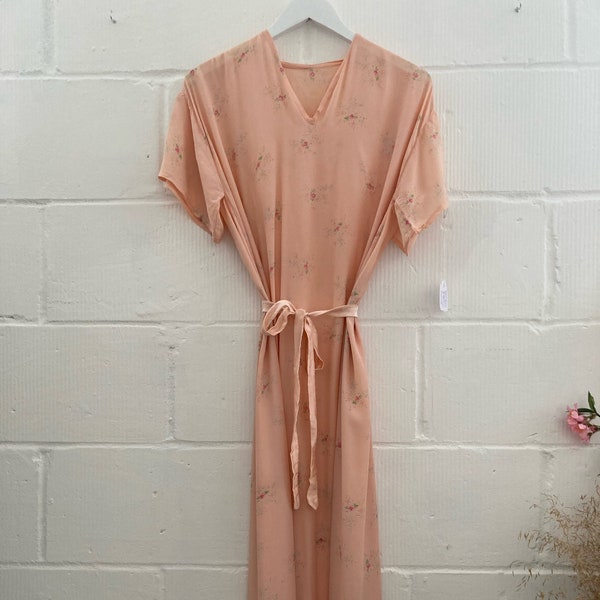 1930s 1940s Pink Floral Crepe Nightgown Shift Wide Bridesmaids Dress Beach Outfit Art Deco