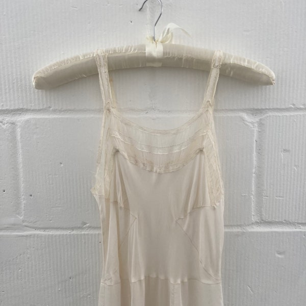 1940s White Silky Rayon with Sheer Detailing At Neck Lace Trim Midi Length Minimalist Bride Wedding Day Lingerie Underslip Nightgown