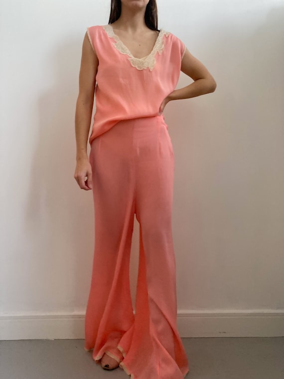 RARE 1930s Crepe Silk Pink Pyjama Set Loungewear … - image 4
