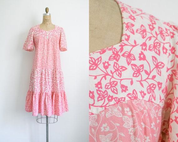 Vintage pink floral tie waist tiered dress