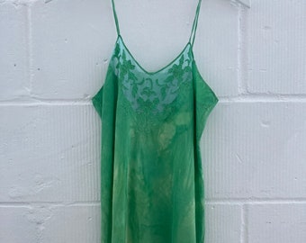 1930s Silk Hand Dyed Slip with Alencon Floral Lace Trim and Spaghetti Straps Midi Length Art Deco Style Antique Lingerie Nightie