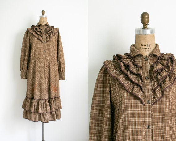 Vintage brown checked frill dress