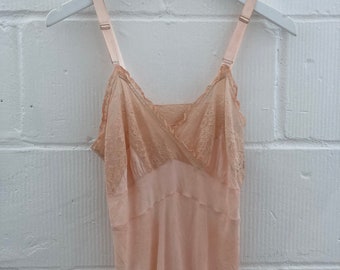 Vintage 1940s Hand Dyed Pale Pink Midi Slip with Satin Straps & Floral Lace Overlay Art Deco Lingerie Romantic
