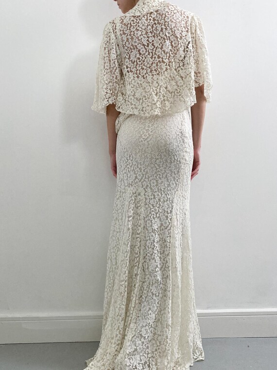 Art Deco silk satin wedding gown 1930s bias cut ivory button back dress lace sleeves XS