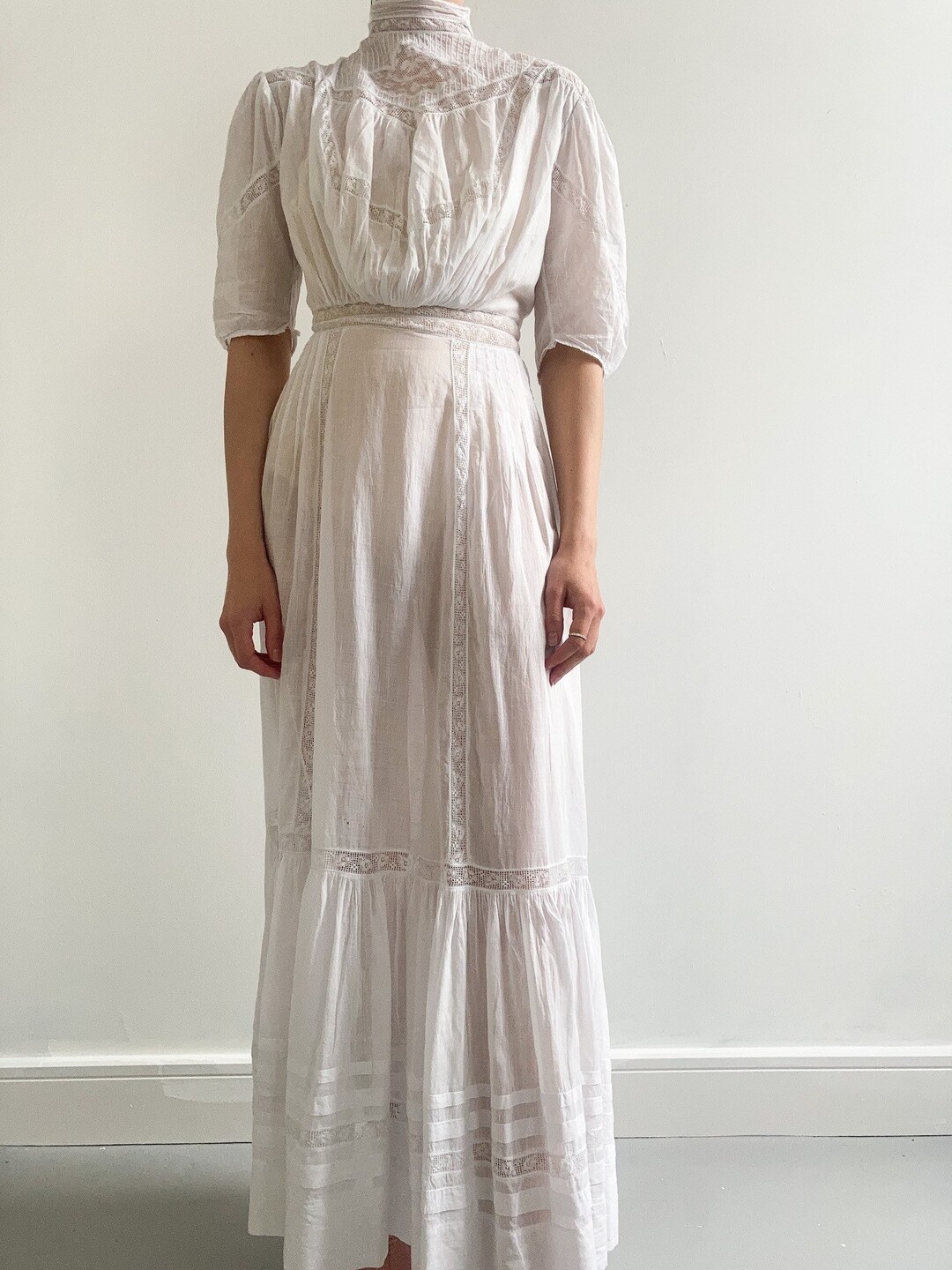 Antique Edwardian Cotton Lawn Gown With Lace Embroidery Etsy