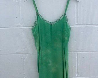 1930s Silk Hand Dyed Slip Gown in Green Art Deco Maxi Nightgown with Spaghetti Straps and Flower Detail Natural Dyes