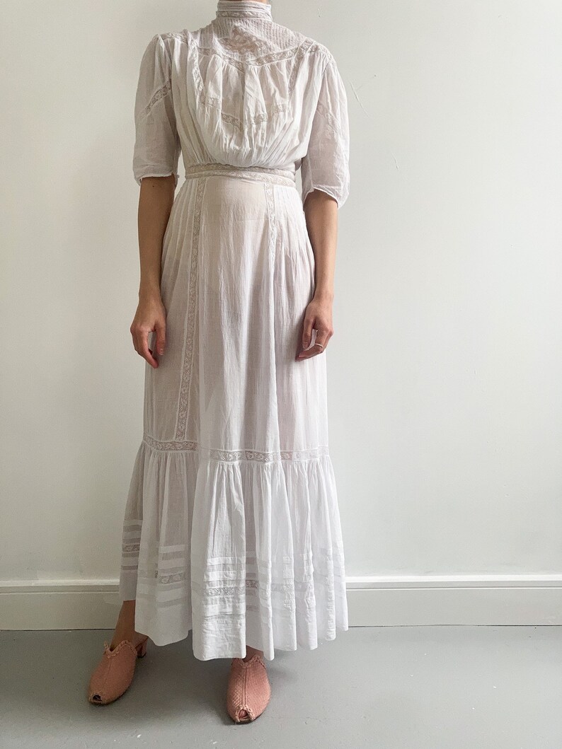Antique Edwardian Cotton Lawn Gown With Lace Embroidery Etsy