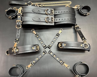 Luxury Italian Leather Bondage Kit – 10piece Restraint Set MONA, Handmade in USA, Custom Engraving