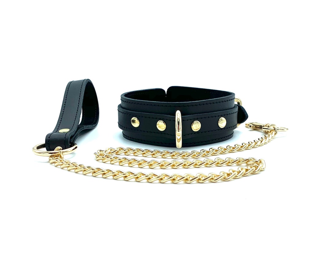 BDSM Collar and Leash "tango", Black Leather Choker, Slave Leash