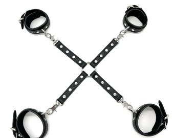 Italian Leather Bondage Set TANGO, Hogtie X-Connector, Wrist and Ankle cuffs, Handmade in USA