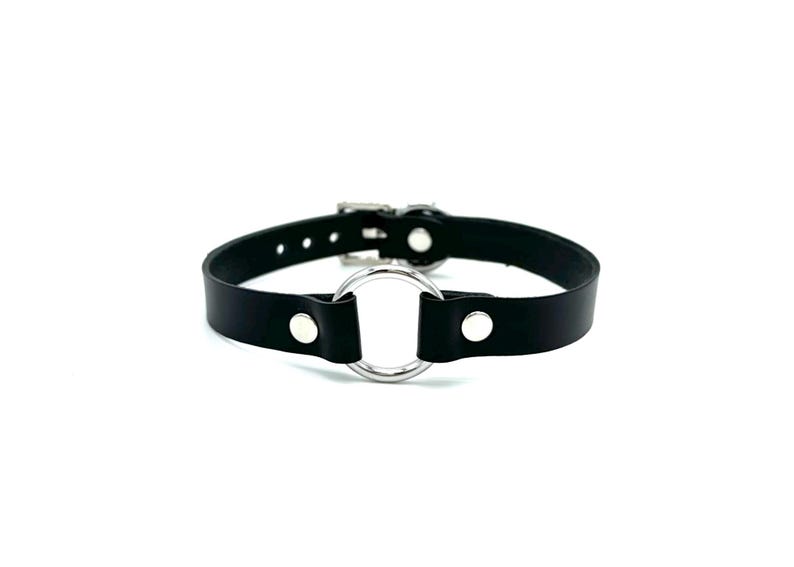 May include: Black leather choker with a silver metal ring. The choker has a buckle closure.