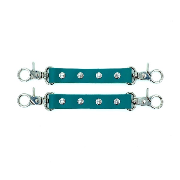 BDSM Connectors "Candice", 2-Way Leather Connector for Bondage Restraints, Teal Green Leather Double Fixation