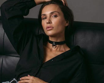 Black Leather D-Ring Choker MAYA, Handmade Minimalist Collar, Personalized Gift Made in USA