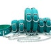 7 Piece Bondage Kit 'Candice', Teal Green Leather BDSM Restraints, Wrist and Ankle Cuffs, Thigh Cuffs, Collar, Chain Leash