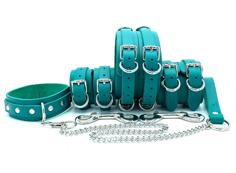 7 Piece Bondage Kit 'Candice', Teal Green Leather BDSM Restraints, Wrist and Ankle Cuffs, Thigh Cuffs, Collar, Chain Leash 