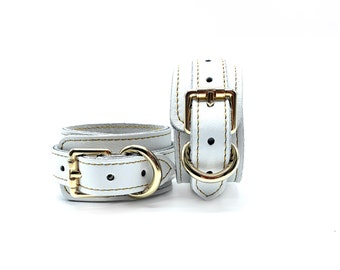 White Leather Wrist & Ankle Cuffs, Gold Stitching, BDSM Restraints