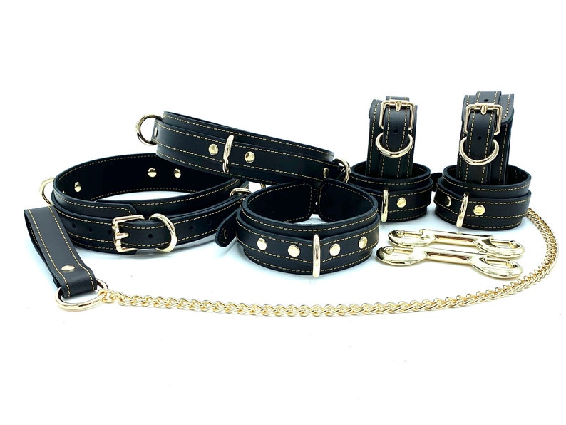 7 Piece BDSM Set 'Tango', Luxury Bondage Restraints for Submissive, Thigh Cuffs, Collar for Slave, BDSM Hand and Ankle Cuffs 1.5' 