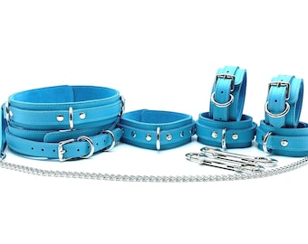 Bondage Kit VIENNA, Light Blue Italian Leather Restraints- Collar & Leash, Wrist Ankle Thigh Cuffs, Waist Belt, Connectors, Made in USA