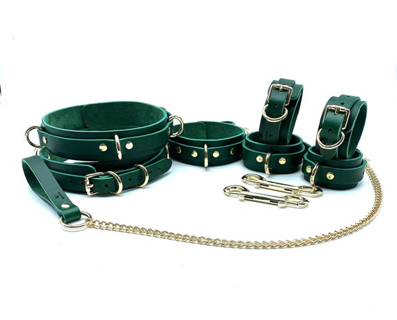 7-delige bondage kit &quot;Mona&quot;, groen lederen BDSM-beperkingen, pols- en enkelmanchetten, dijmanchetten, kraag, kettingriem