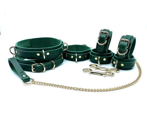 7-delige bondage kit "Mona", groen lederen BDSM-beperkingen, pols- en enkelmanchetten, dijmanchetten, kraag, kettingriem