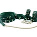 7 Piece Bondage Kit 'Mona', Green Leather BDSM Restraints, Wrist and Ankle Cuffs, Thigh Cuffs, Collar, Chain Leash