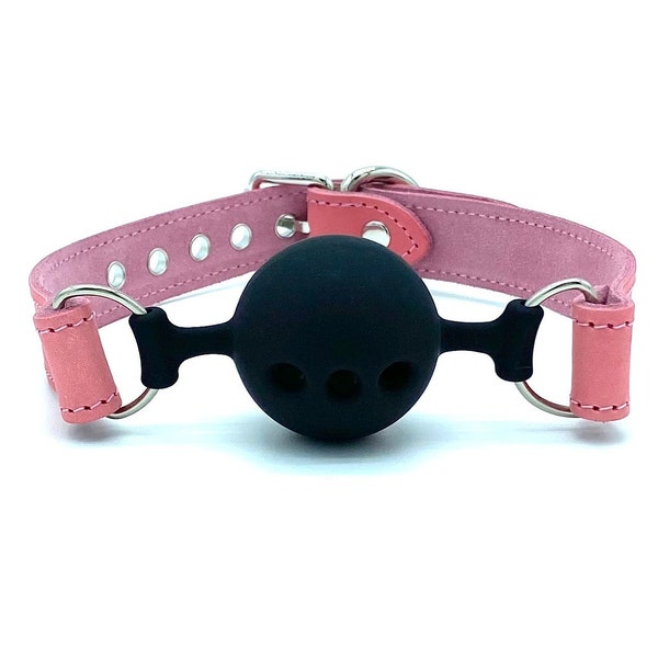 Silicone Ball-Gag "Tango" for BDSM Submissive, Pink Leather Mouth Restraint, Breathable Gag 1.75"
