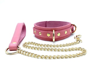 BDSM Collar and Leash TANGO, Pink Italian Leather Bondage Choker with Suede Lining, Custom Sizing and Engraving