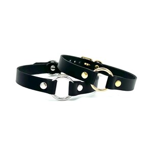 May include: Two black leather collars with metal rings. One collar has a silver ring and the other has a gold ring.