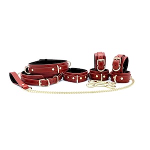 Red Bondage Set TANGO, Italian Leather BDSM Restraints Kit, Collar and Chain Leash, Wrist Ankle Thigh Cuffs Straps, Made in USA image 1