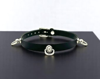 Black Leather Choker ZOE, Handmade Minimalist Collar with three small D-rings, Italian Leather, Made in USA with Custom Engraving