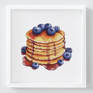 Fruit bosbessenpannenkoekjes kruissteekpatroon, pluizige hotcakes met ahornsiroop kruissteektabel, gezellig ontbijt digitale download pdf