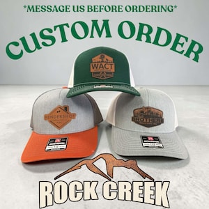 May include: Three adjustable trucker hats featuring leather-like patches with custom logos. One hat is green and white, one is grey with an orange brim, and one is grey and white. Each hat has a Richardson 112 sticker on the brim and text overlays.