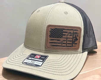 Toppa rettangolare per cappello in similpelle con bandiera Lineman con supporto adesivo