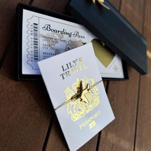 May include: A gold-toned airplane charm bracelet on a white card with gold foil text reading LILY'S TRAVEL PASSPORT, placed over a black gift box containing a printed boarding pass with the text PACK YOUR BAGS and BOARDING PASS.