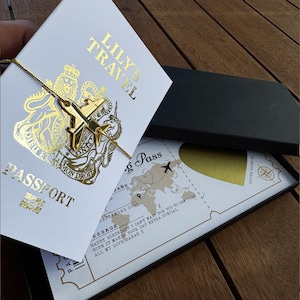 Personalised Birthday Boarding Pass Luxury Gift Set in Gold, Passport Sleeve Scratch to Reveal Holiday Trip Card with Acrylic Plane & Bowtie image 7