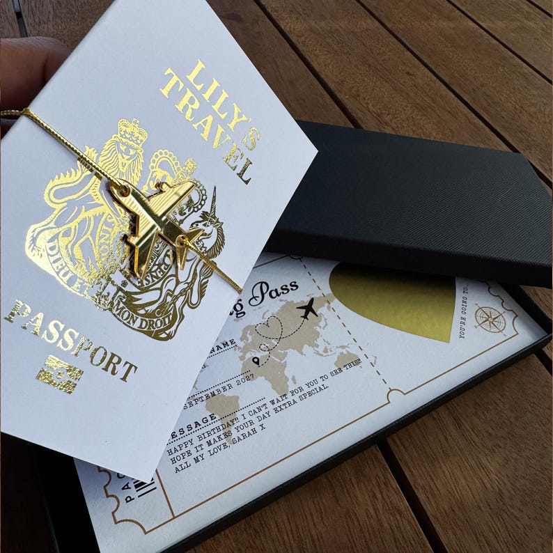 Personalised Birthday Boarding Pass Luxury Gift Set in Gold, Passport Sleeve Scratch to Reveal Holiday Trip Card with Acrylic Plane & Bowtie image 7