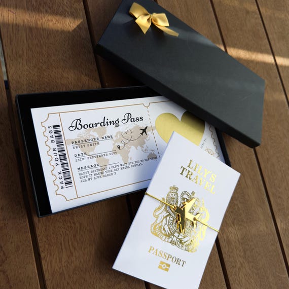 Personalised Birthday Boarding Pass Luxury Gift Set in Gold, Passport Sleeve Scratch to Reveal Holiday Trip Card with Acrylic Plane & Bowtie