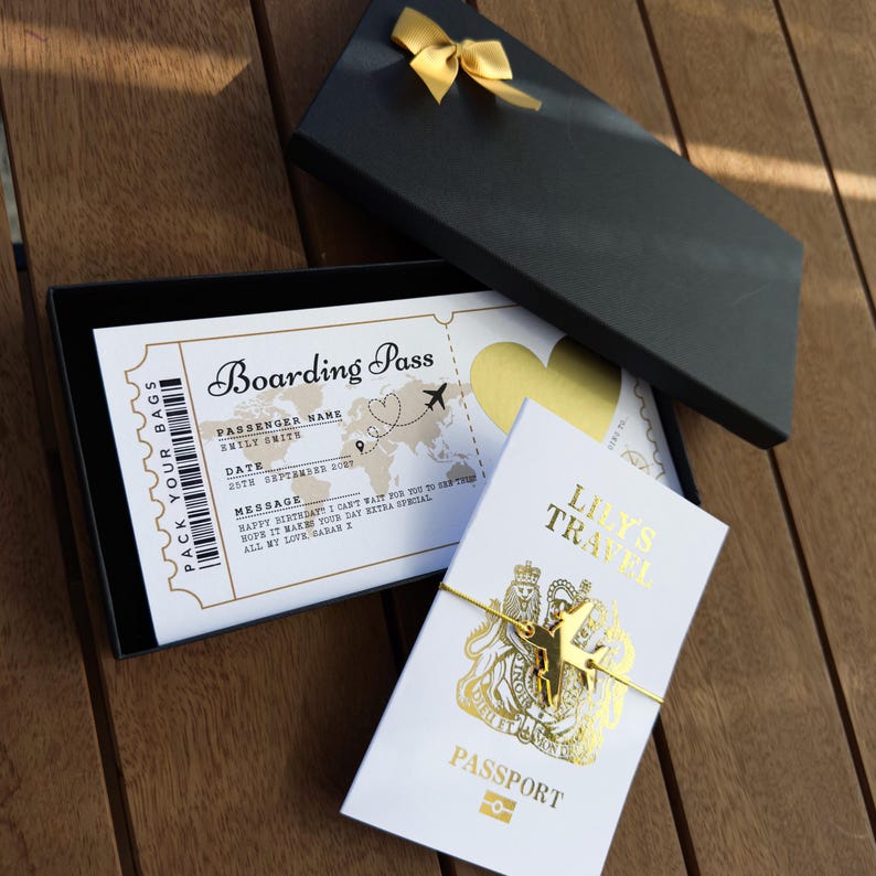 May include: A black gift box containing a boarding pass with a world map, a gold heart, and text including Boarding Pass, Emily Smith, 25th September 2029, and a message. Beside it is a white passport cover with gold text Lily's Travel and a gold airplane charm.